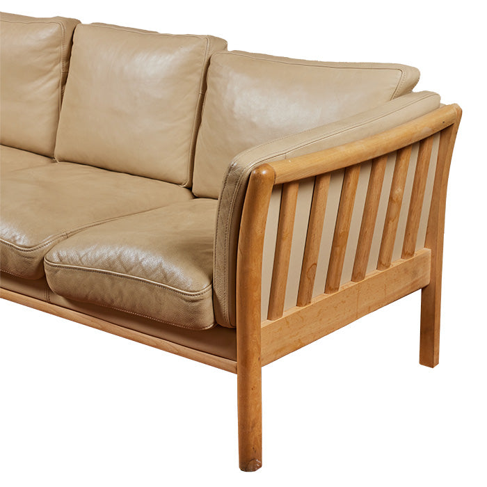 (RIGHT SIDE) 3 Seat Scandinavian Leather Sofa II. Late 20th C. cream colored leather sofa with pale wood frame. 75" W x 31" H