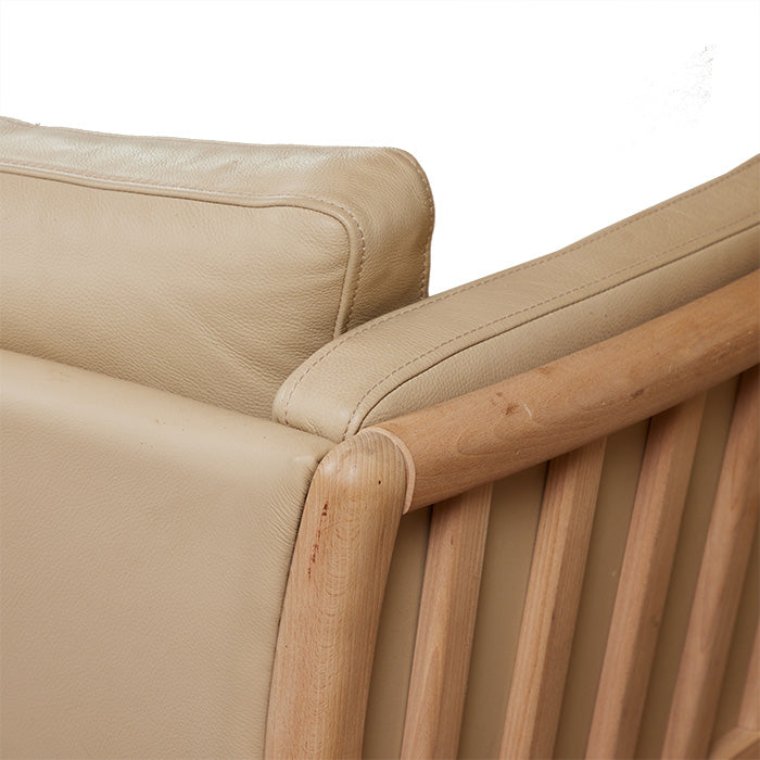 (BACK ARMREST) 3 Seat Scandinavian Leather Sofa II. Late 20th C. cream colored leather sofa with pale wood frame. 75" W x 31" H