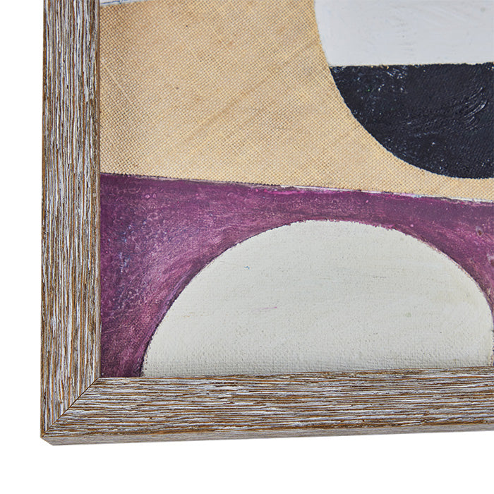 (CORNER DETAIL) "Circles" Mixed Media Collage. Vintage paint and fabric on canvas. British. Contemporary frame. 9" x 11".