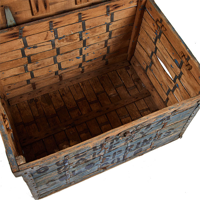 (INSIDE VIEW) Vintage Bread Delivery Crate - Well preserved, clean, worn, and used old wooden box with original blue paint visible rust and ageing stamped with block letters in dark blue "Columbia Bakery Colo. Springs Col." Rope handles. Lid opens on hinges to clean wood inside. 17" H x 27" W x 20" D
