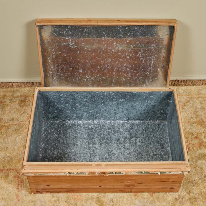 (DETAIL 2 OPEN) Vintage Japanese tea shipping and storage box. Tin lining for airtight storage. Fragments of original paper labels. Antique furniture accessory. 11" H x 27" W x 17" D