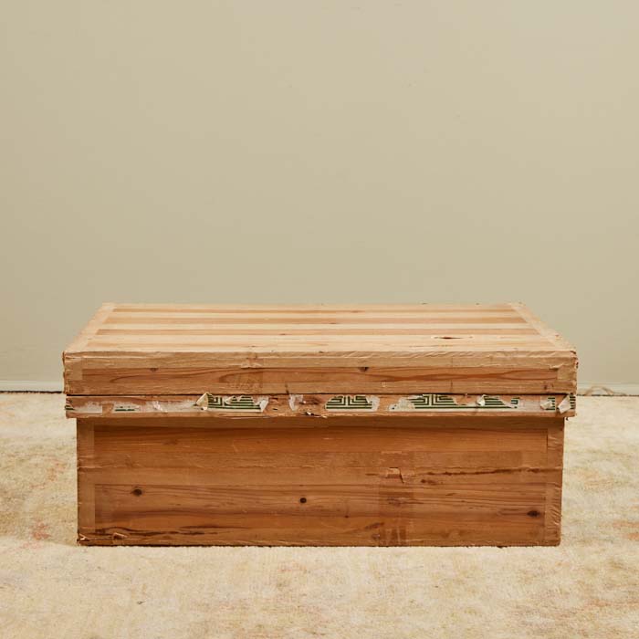 (DETAIL 2 TOP) Vintage Japanese tea shipping and storage box. Tin lining for airtight storage. Fragments of original paper labels. Antique furniture accessory. 11" H x 27" W x 17" D