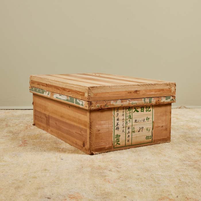 (DETAIL 2) Vintage Japanese tea shipping and storage box. Tin lining for airtight storage. Fragments of original paper labels. Antique furniture accessory. 11" H x 27" W x 17" D