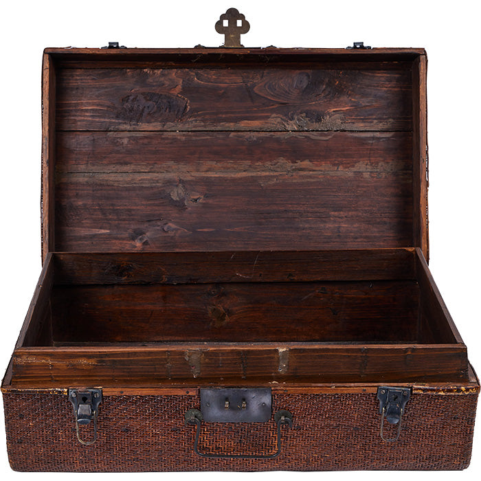 (INSIDE) Rattan Suitcase II. Vintage Chinese suitcase. Wood with rattan on the outside so sturdy enough to use as a table. 24" x 14" x 8".