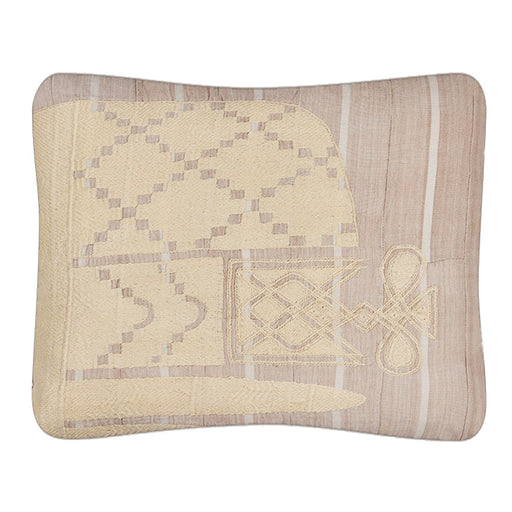 African Embroidery Pillow IV. Made from a vintage Hausa Chief’s Robe, known as a Boubou. Hausa is the largest tribal group in Nigeria. Floss hand embroidery over hand woven cotton strips.  Natural linen  back, invisible zipper closure, feather and down fill. 18" x 21"
