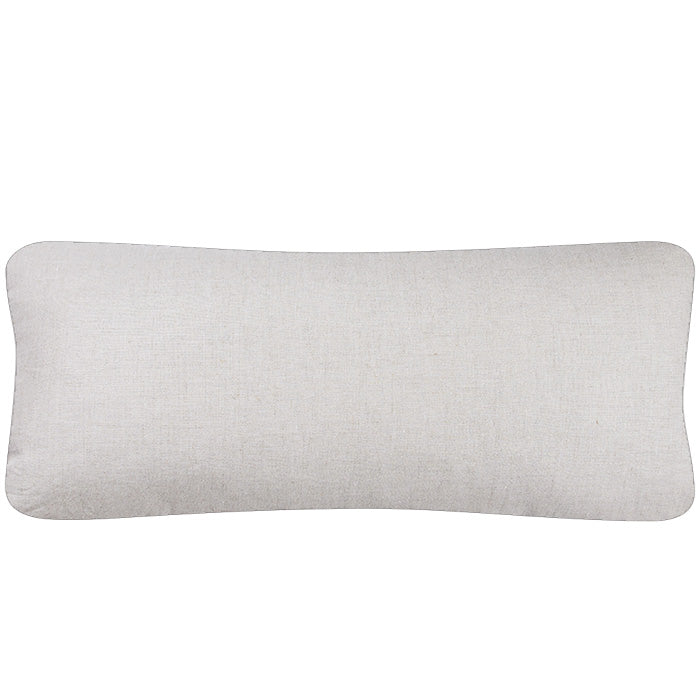 (LINEN BACK) African Embroidery Pillow. White and beige stripe. Made from a vintage Hausa Chief’s Robe, known as a Boubou. Hausa is the largest tribal group in Nigeria. Floss hand embroidery over white handwoven cotton. Natural linen back, invisible zipper closure, feather and down fill. 15" x 33"