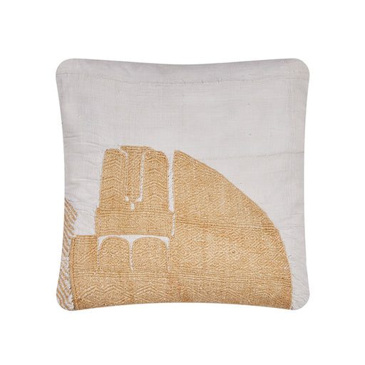 African Embroidery Pillow II. Made from a vintage Hausa Chief’s Robe, known as a Boubou. Hausa is the largest tribal group in Nigeria. Floss hand embroidery over handwoven cotton strips. Natural linen back, invisible zipper closure, feather and down fill. 14" x 14"
