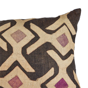 (CORNER DETAIL) African Kuba Cloth Pillow II. Hand-woven African Kuba pillow. Dyed raffia secured with fused backing. Back of pillow black linen, invisible zipper closure, filled with feather and down.
