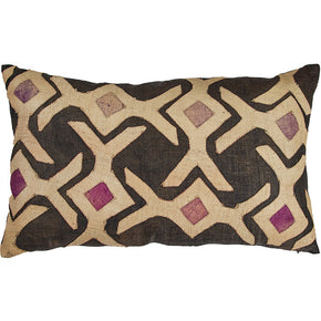 African Kuba Cloth Pillow II. Hand-woven African Kuba pillow. Dyed raffia secured with fused backing. Back of pillow black linen, invisible zipper closure, filled with feather and down.