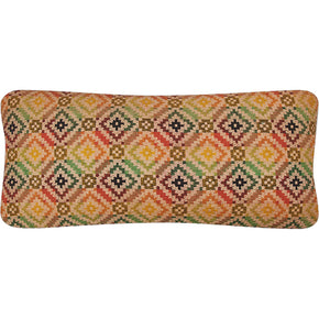American Jacquard Loom Pillow from the early 20th century. Multicolor overshot coverlet with natural linen back, invisible zipper closure, and feather and down fill. Dimensions: 13" x 28".