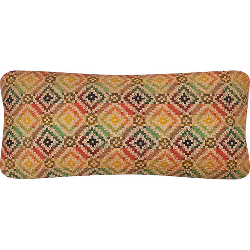American Jacquard Loom Pillow from the early 20th century. Multicolor overshot coverlet with natural linen back, invisible zipper closure, and feather and down fill. Dimensions: 13" x 28".