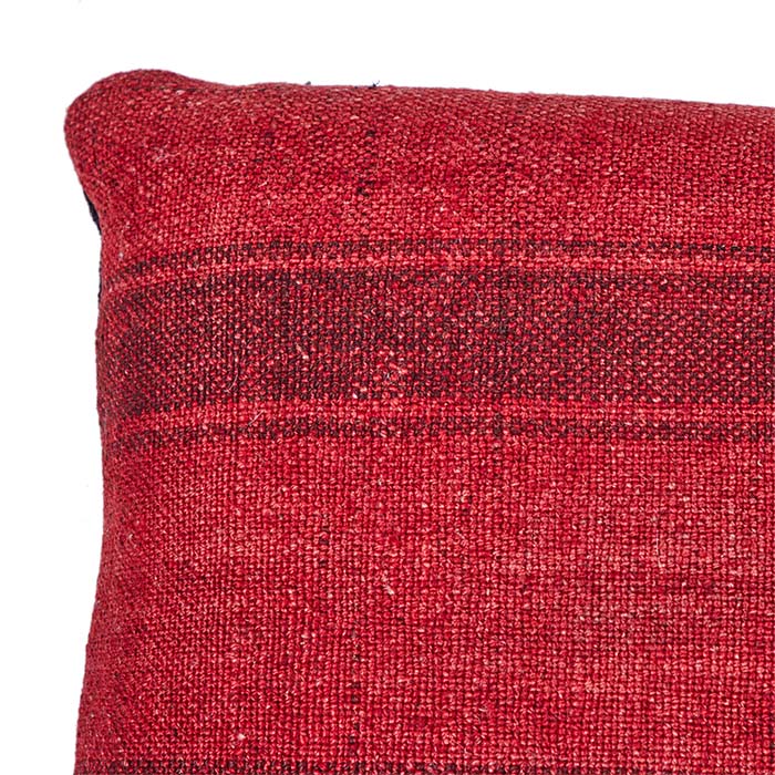 (CORNER DETAIL) Anatolian Turkish Perde Pillows, hand-woven with Turkish wool fabric. Bright red with stripes. Invisible zipper closures, filled with feather and down. Two available.
