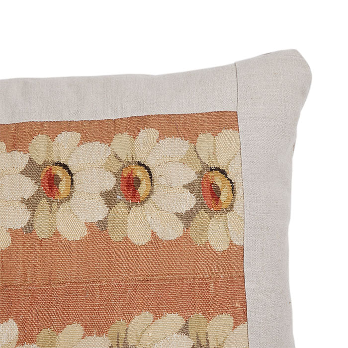 (CORNER DETAIL) Antique Floral Tapestry Pillow. Antique European tapestry fragment inset into a linen frame with same natural linen back. Invisible zipper closure, feather and down fill. 16" x 23"