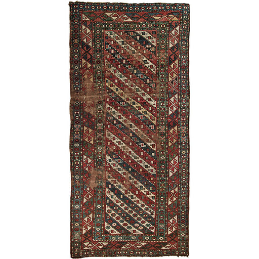 Antique Genji Caucasian Rug. Early 20th C. Hand knotted wool rug. Natural dyes. Areas of age-appropriate wear as shown.   46" x 102"