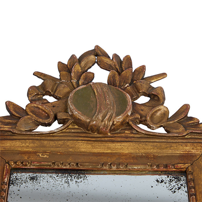 (DETAIL TOP) Antique Italian Mirror. Polychromed wood. Age appropriate distressing and repairs. Generally good condition with replacement antiqued mirror. Two almost identical available.