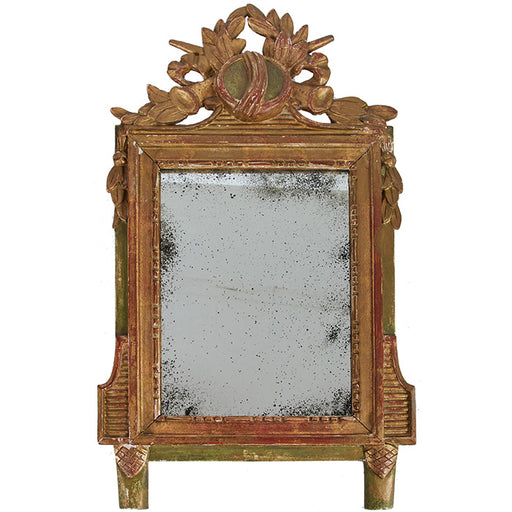 Antique Italian Mirror II. Polychromed wood. Age appropriate distressing and repairs. Generally good condition with replacement antiqued mirror. Two almost identical available. 22" H x 12.5" W
