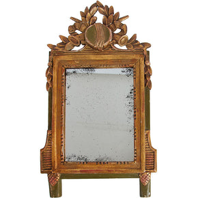 Antique Italian Mirror. Polychromed wood. Age appropriate distressing and repairs. Generally good condition with replacement antiqued mirror. Two almost identical available.