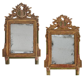 (TWO MIRRORS AVAILABLE) Antique Italian Mirror. Polychromed wood. Age appropriate distressing and repairs. Generally good condition with replacement antiqued mirror. Two almost identical available.