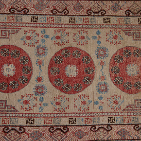 (CENTER DETAIL) Antique Khotan Rug - Samarkand or Khotan knotted rug. Chinese motifs. Even pile and good condition. c1920. 101" x 57"