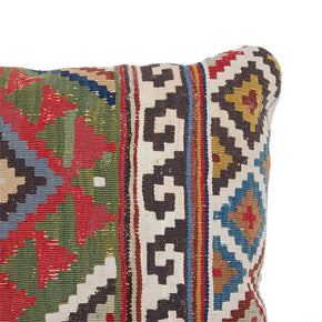 )CORNER DETAIL= Antique Kilim Pillow. Caucasian kilim fragment reconfigured into a pillow. Finely woven wool flatweave. All natural and hand dyed wool.  Natural linen back, invisible zipper closure, feather and down fill.  14" x 16"