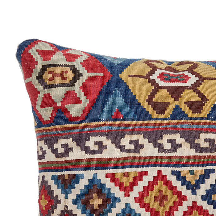 (CORNER DETAIL) Antique Kilim Pillow II Caucasian kilim fragment reconfigured into a pillow. Finely woven wool flatweave. All natural and hand dyed wool.  Natural linen back, invisible zipper closure, feather and down fill. 17" x 25"