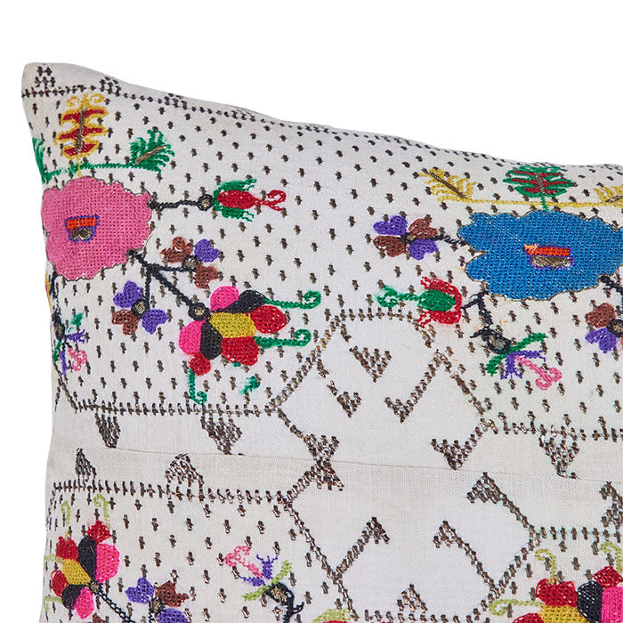 (CORNER DETAIL) Antique Ottoman Embroidery Pillow IV, early 20th-century Turkish origin. Metallic thread and brightly colored silk floss embroidery on handwoven linen. Natural linen back, invisible zipper closure, feather and down fill. Measures 11" x 21"