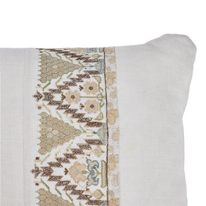 (CORNER DETAIL) Antique Ottoman Embroidered Pillow. 19th C. Turkish. Silk floss and metallic thread embroidery on handwoven off white linen. Floral motif. Natural linen back. Invisible zipper closure and feather and down fill. 13" x 20"