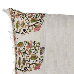 (CORNER FRINGE DETAIL) Antique Ottoman Embroidery Pillow III. 19th C. Turkish.  Silk floss and metallic thread embroidery on handwoven off white linen. Floral motif. Natural linen back. Invisible zipper closure and feather and down fill. 16" x 22"