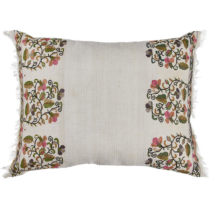 Antique Ottoman Embroidery Pillow III. 19th C. Turkish.  Silk floss and metallic thread embroidery on handwoven off white linen. Floral motif. Natural linen back. Invisible zipper closure and feather and down fill. 16" x 22"