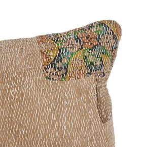 (CORNER DETAIL) Quilted Banjara Bag Pillow. All over hand quilting. Vintage storage bag reconfigured into a pillow. Handmade in Gujarat State in India. Natural linen back. Invisible zipper closure, feather and down fill. 17" x 26"