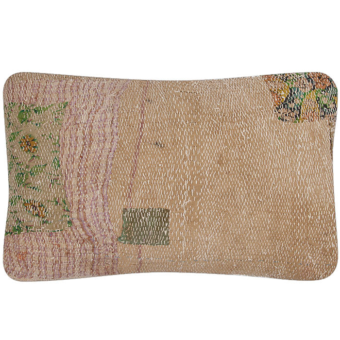 Quilted Banjara Bag Pillow. All over hand quilting. Vintage storage bag reconfigured into a pillow. Handmade in Gujarat State in India. Natural linen back. Invisible zipper closure, feather and down fill. 17" x 26"