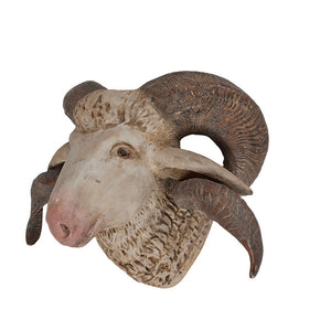 Decorative Ram's Head. Vintage polychrome painted composition ram's head. Hooks on back for hanging.