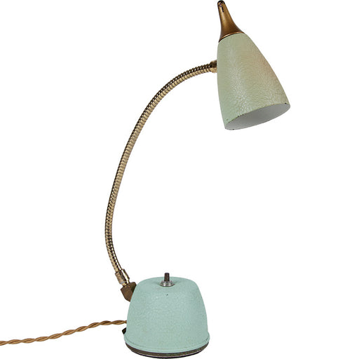 Eagle HiLite Gooseneck Lamp III. Mid-Century gooseneck task lamp. Easily adjustable, bright light. Updated hardware for LED bulb and new gold silk twist cord. Has a hook for wall installation as well as desk top use. 15" H x 3" diameter base.