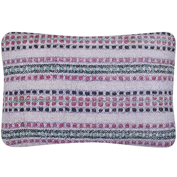 (ONE PILLOW DETAIL) East European Hand Woven Cotton Pillows. Heavy white cotton with pink, green and black stripes. Natural linen backs, invisible zipper closures, filled with feather and down. Three available.