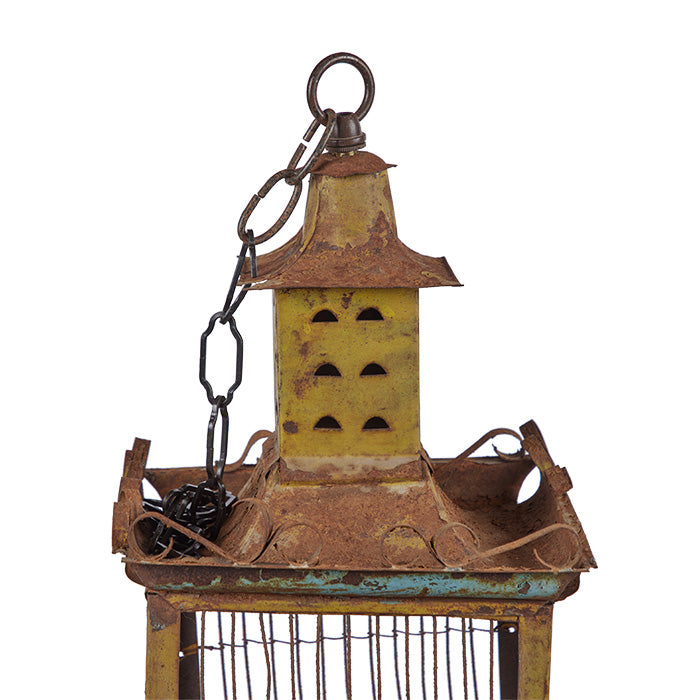 (CHAIN AND HOOK DETAIL) Folk Art Birdcage. Handcrafted. Distressed painted finish. Age appropriate wear. 27" H x 14" W x 14" D