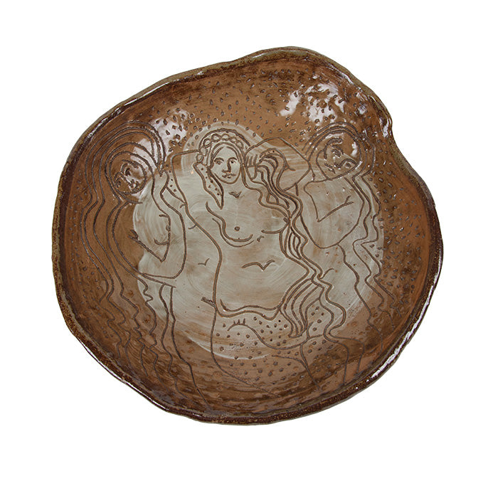(TOP INCISED FEMALE FIGURES SHOWN) Glaced ceramic footed bowl. "Three Graces" Footed Bowl. Studio produced footed bowl with incised female figures on top.  Indistinguishable signature at bottom as shown. 
