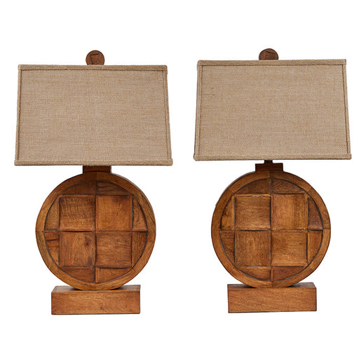 PAIR - Pair Handcrafted Wooden Lamps. Vintage pair of lamps. Updated hardware and twist cord with dimmer on/off switch. Contemporary burlap shades and original matching finial. 28" H x 13" W x 5" D
