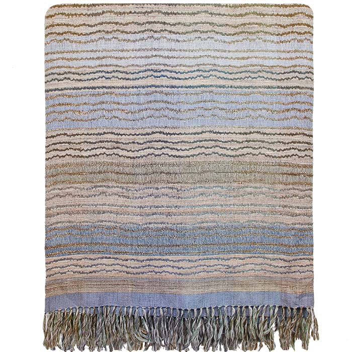 Bedcover Ocean Stripe Green Blue, Linen & Raw Silk. Handwoven Designer Textile from India. H 115 in. x W 88 in. H 292 cm x W 224 cm.