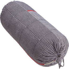 (SIDE DETAIL) Indian Block Printed Gopal Bolster Pillows. Hand block printed cotton. Large round bolsters. Tie closures. Feather and down fill. Two available.