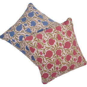 (TWO PILLOWS) Indian Blockprint Double Sided Pillow. Pillow with back and front contrasting colors (blue and red)of same floral design. Hand blockprinted cotton. Invisible zipper closure and feather and down fill. Two available. Priced individually. 19" x 19"