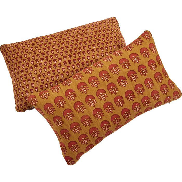 (PAIR SHOWN) Indian Blockprint Double Sided<br />Pillow II. Pillow with back and front contrasting but similar designs, same colors.  Hand block printed cotton.  Invisible zipper closure and feather and down fill.  Two available.  Priced individually. 14" x 24"