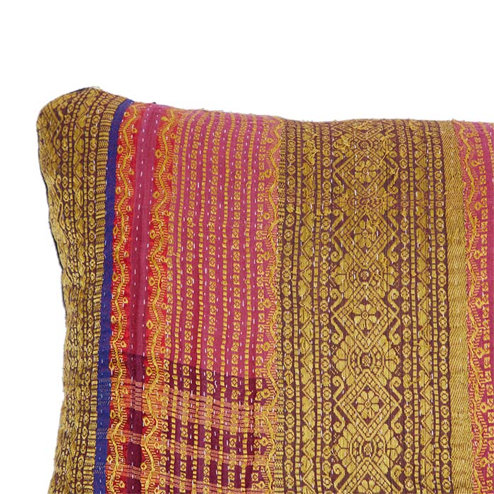 (CORNER DETAIL) Indian Sari Trim Pillow. Vintage silk ribbon sari trims reconfigured into fabric. Black linen back, invisible zipper closure, feather and down fill. 14" x 28"