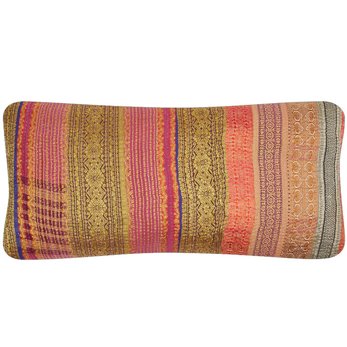 Indian Sari Trim Pillow. Vintage silk ribbon sari trims reconfigured into fabric. Black linen back, invisible zipper closure, feather and down fill. 14" x 28"