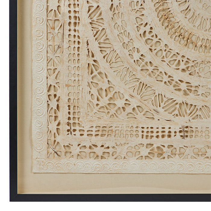 (LEFT CORNER) Mexican Amate Paper Artwork. Intricate bark paper artwork. Northern Mexico. Framed over linen background. 44" x 44"