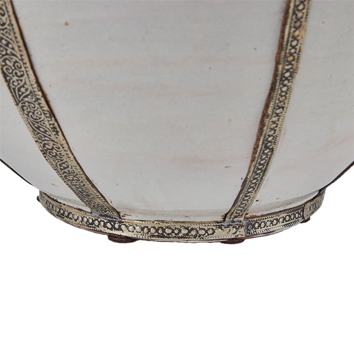 (BASE DETAIL) Large Moroccan Storage Vessel. 18" high terra cotta urn with white glaze and Moorish metal filigree strips. Some cracks in glaze as shown. 18" H x 19" D