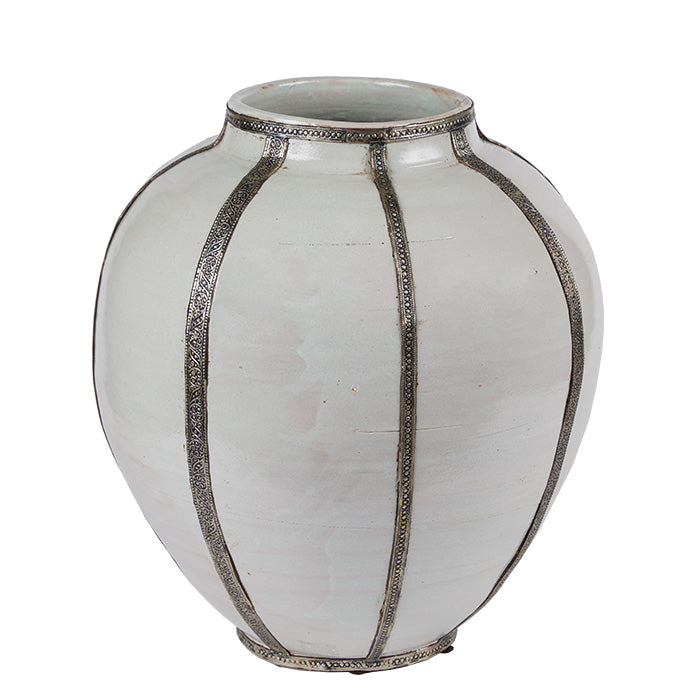 Large Moroccan Storage Vessel. 18" high terra cotta urn with white glaze and Moorish metal filigree strips. Some cracks in glaze as shown. 18" H x 19" D
