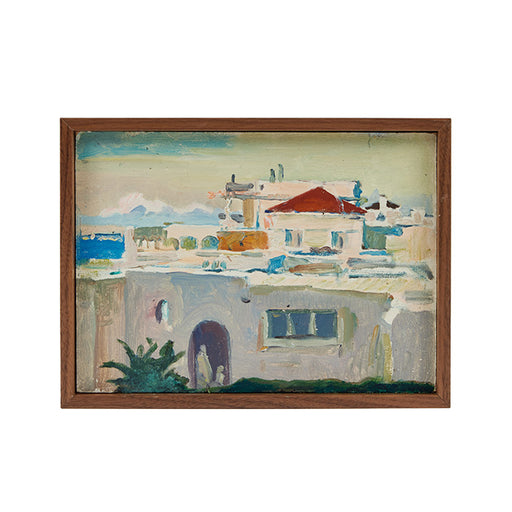 Oil on Board Painting of Mediterranean Village . Small vintage oil of small village scene, North African coast. Unsigned. 6.5" x 9"