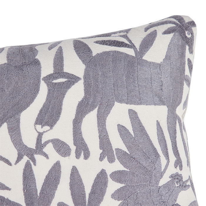 (CORNER DETAIL) Mexican Gray on White Otomi Embroidery Pillow I. Mexican Otomi embroidery pillow.  Gray floss thread on white cotton. Natural linen back, feather and down fill with invisible zipper closure. 15" x 23"
