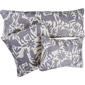 (GROUP PHOTO OF 3 PILLOWS) Mexican Gray on White Otomi Embroidery Pillow III. Mexican Otomi embroidery pillow. Gray floss thread on white cotton. Natural linen back, feather and down fill with invisible zipper closure. 16" x 41"