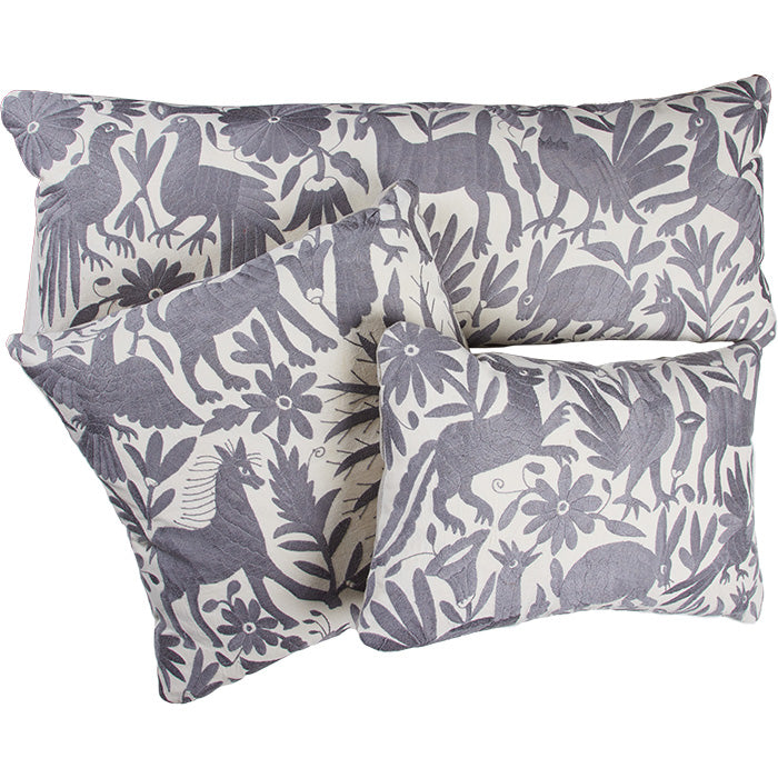 (3 PILLOW COLLECTION) Mexican Gray on White Otomi Embroidery Pillow I. Mexican Otomi embroidery pillow.  Gray floss thread on white cotton. Natural linen back, feather and down fill with invisible zipper closure. 15" x 23"